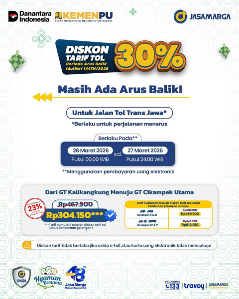 Diskon 30 % Tol Trans Jawa, Dirut Jasa Marga: Berlaku Hingga Jumat (27/3/2026)