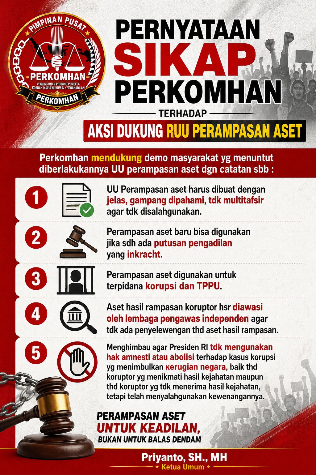Perkomhan Dukung UU Perampasan Aset, Priyanto Desak Pengawasan Independen dan Transparan