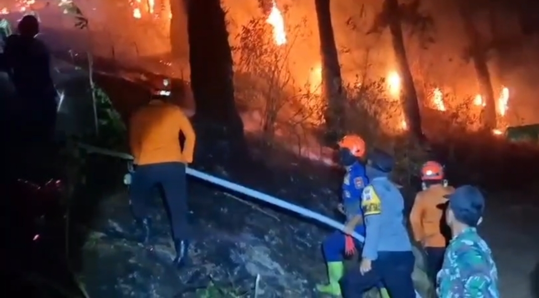 Anggota Koramil Sine Padamkan Kebakaran Hutan di Lereng Lawu Utara